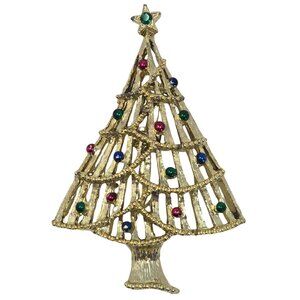 Vintage Gerry’s Christmas Tree Brooch Gold Tone with Colorful Ornaments
